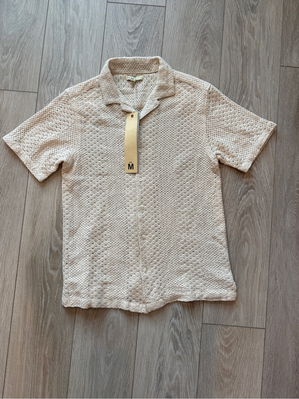 SANDSTONE Mens Size Medium Knit Button Up Shirt Cream Crochet Cotton NWT
